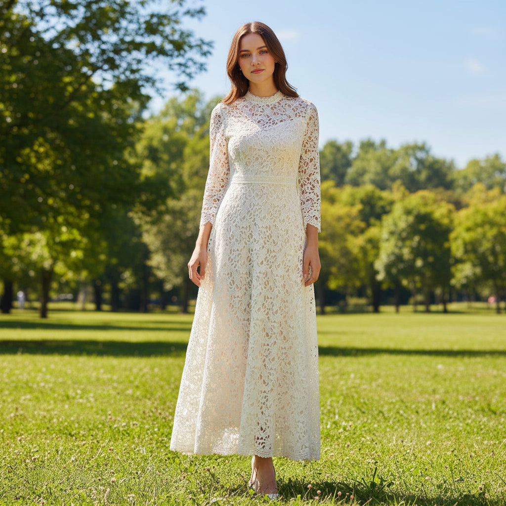 Long Sleeve High Neck Lace Wedding Dress with Ankle Length Rosymae Long Sleeve High Neck Lace Wedding Dress with Ankle Length Rosymae