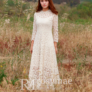 Long Sleeve High Neck Lace Wedding Dress with Ankle Length