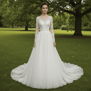 Long Sleeve Lace Applique Backless Bridal Wedding Dresses - Rosymae