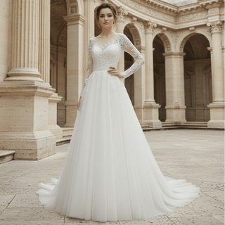 Long Sleeve Lace Applique Backless Bridal Wedding Dresses - Rosymae