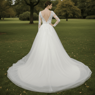 Long Sleeve Lace Applique Backless Bridal Wedding Dresses - Rosymae