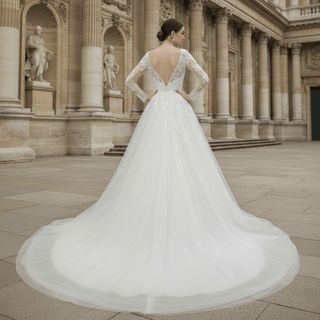 Long Sleeve Lace Applique Backless Bridal Wedding Dresses - Rosymae