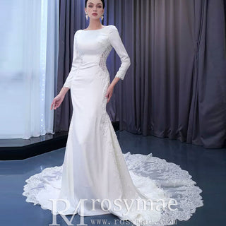 Long Sleeve Lace Appliqued Satin Modern Wedding Dress Open Back - Rosymae