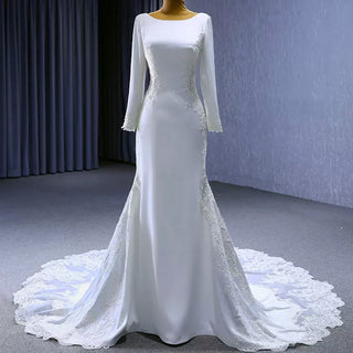 Long Sleeve Lace Appliqued Satin Modern Wedding Dress Open Back - Rosymae