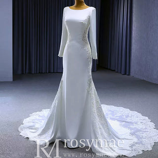 Long Sleeve Lace Appliqued Satin Modern Wedding Dress Open Back - Rosymae