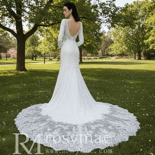 Long Sleeve Lace Appliqued Satin Modern Wedding Dress Open Back - Rosymae