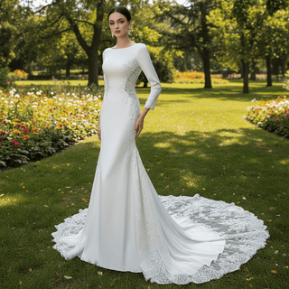 Long Sleeve Lace Appliqued Satin Modern Wedding Dress Open Back - Rosymae