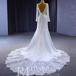 Long Sleeve Lace Appliqued Satin Modern Wedding Dress Open Back - Rosymae