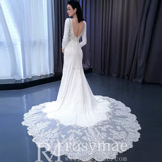 Long Sleeve Lace Appliqued Satin Modern Wedding Dress Open Back - Rosymae