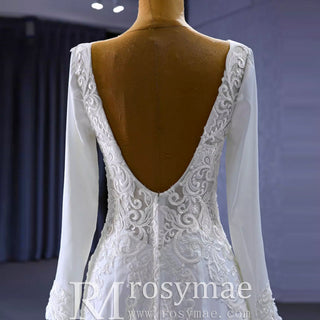 Long Sleeve Lace Appliqued Satin Modern Wedding Dress Open Back - Rosymae