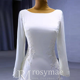 Long Sleeve Lace Appliqued Satin Modern Wedding Dress Open Back - Rosymae