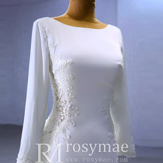 Long Sleeve Lace Appliqued Satin Modern Wedding Dress Open Back - Rosymae