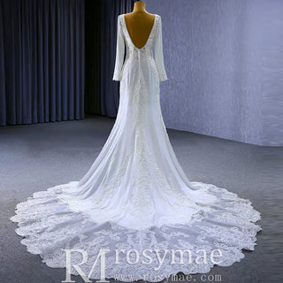 Long Sleeve Lace Appliqued Satin Modern Wedding Dress Open Back - Rosymae