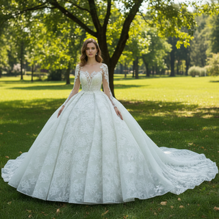 Long Sleeve Lace Ball Gown Wedding Dress with Plunging Neckline