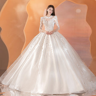 Sheer Long Sleeve Ball Gown Lace Wedding Dress with High O-neck