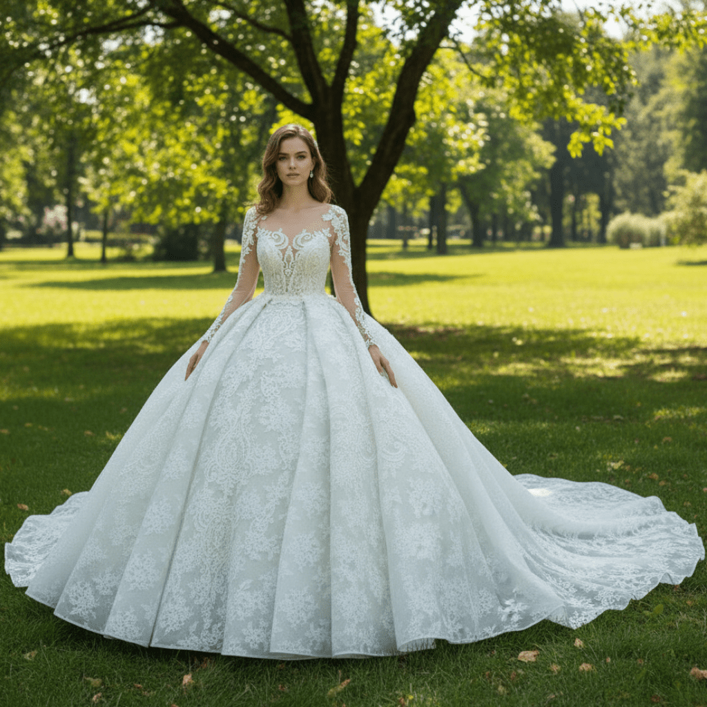 Long Sleeve Lace Ball Gown Wedding Dress with Plunging Neckline - Rosymae