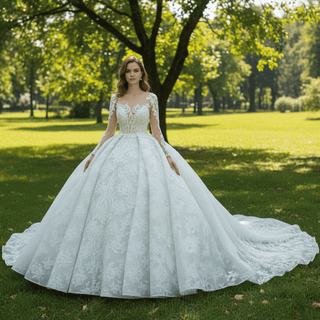 Long Sleeve Lace Ball Gown Wedding Dress with Plunging Neckline - Rosymae
