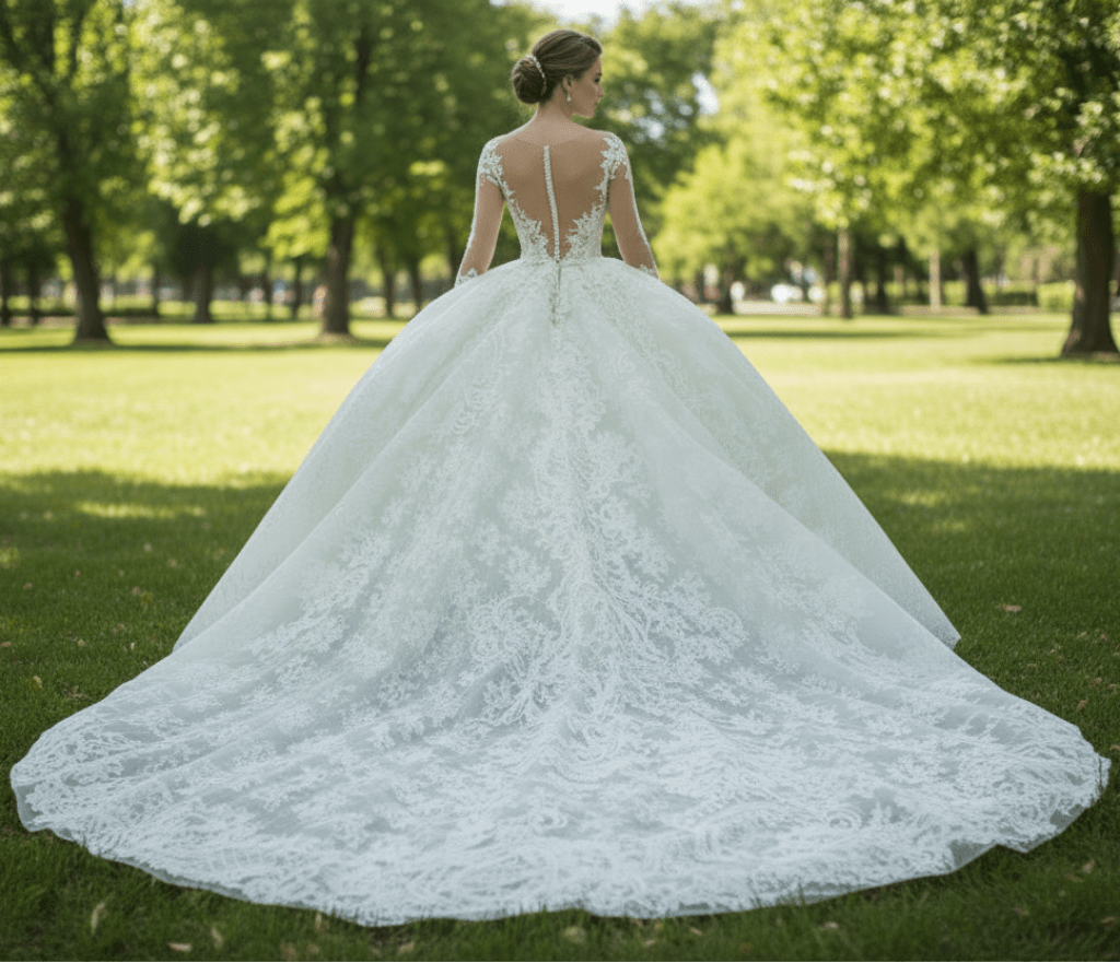 Long Sleeve Lace Ball Gown Wedding Dress with Plunging Neckline - Rosymae
