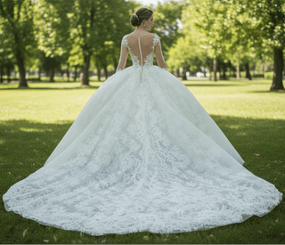 Long Sleeve Lace Ball Gown Wedding Dress with Plunging Neckline - Rosymae