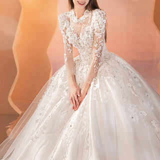 Sheer Long Sleeve Ball Gown Lace Wedding Dress with High O-neck