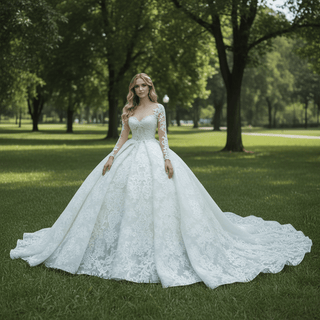 Long Sleeve Lace Ball Gown Wedding Dresses with Puffy Skirt - Rosymae