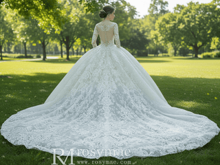 Long Sleeve Lace Ball Gown Wedding Dresses with Puffy Skirt - Rosymae