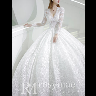 Long Sleeve Floral Lace BallGown Wedding Dress with Deep Vneck+