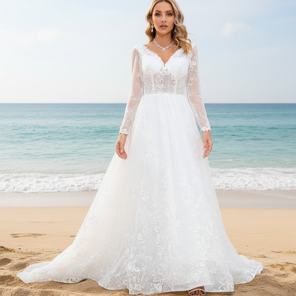 Modern Sheer Bodice A-line V-neck Lace Wedding Dress with Long Sleeves White / 16W Modern Sheer Bodice A-line V-neck Lace Wedding Dress with Long Sleeves White / 16W