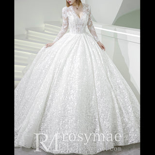 Long Sleeve Floral Lace BallGown Wedding Dress with Deep Vneck
