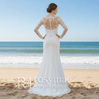 Long Sleeve Lace Fit And Flare Beading Illusion Wedding Dress - Rosymae