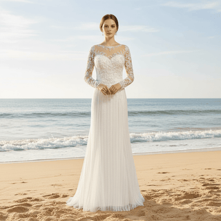 Long Sleeve Lace Fit And Flare Beading Illusion Wedding Dress - Rosymae