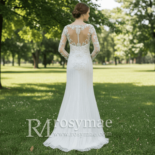 Long Sleeve Lace Fit And Flare Beading Illusion Wedding Dress - Rosymae
