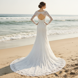 Long Sleeve Off Shoulder Keyhole Lace Wedding Dress Bridal Gown