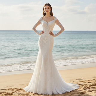 Long Sleeve Off Shoulder Keyhole Lace Wedding Dress Bridal Gown