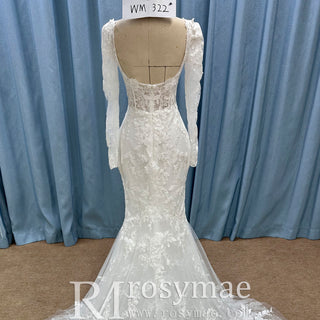 Long Sleeve Floral Lace Trumpet Wedding Dress with Scoop-neck