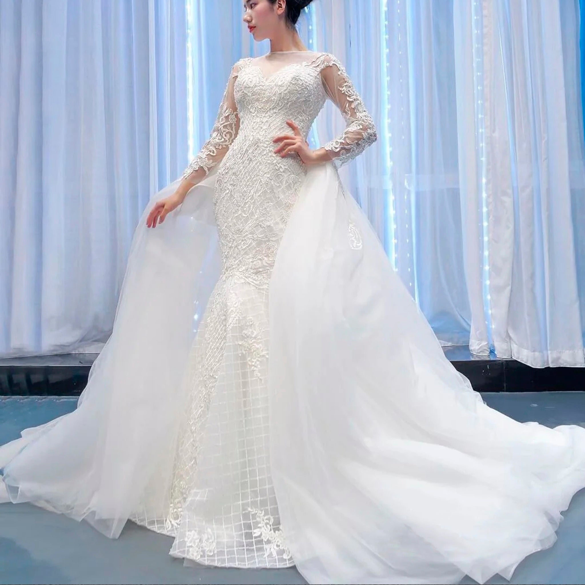 Long Sleeve Lace Mermaid Wedding Dress with Detachable Skirt White / 16W Long Sleeve Lace Mermaid Wedding Dress with Detachable Skirt White / 16W