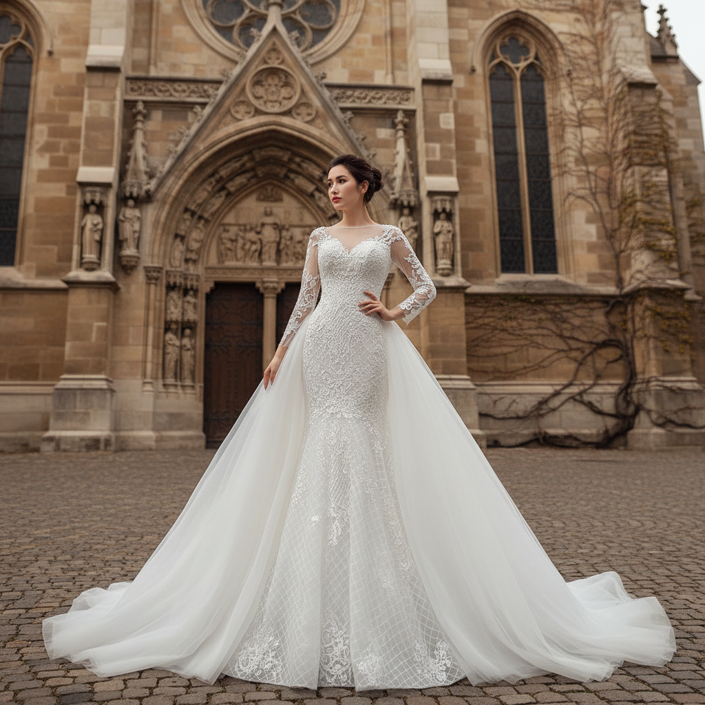Long Sleeve Lace Mermaid Wedding Dress with Detachable Skirt White / 16W Long Sleeve Lace Mermaid Wedding Dress with Detachable Skirt White / 16W