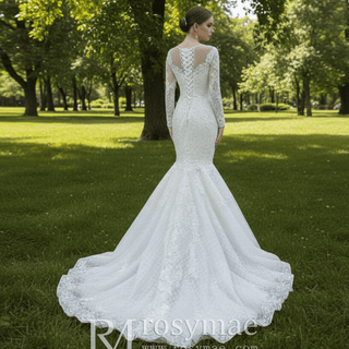 Long Sleeve Lace Mermaid Wedding Gown with Detachable Skirt - Rosymae