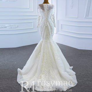 Long Sleeve Lace Mermaid Wedding Gown with Detachable Skirt - Rosymae