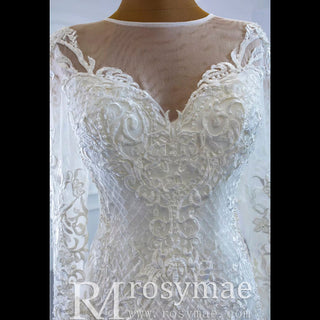Long Sleeve Lace Mermaid Wedding Gown with Detachable Skirt - Rosymae