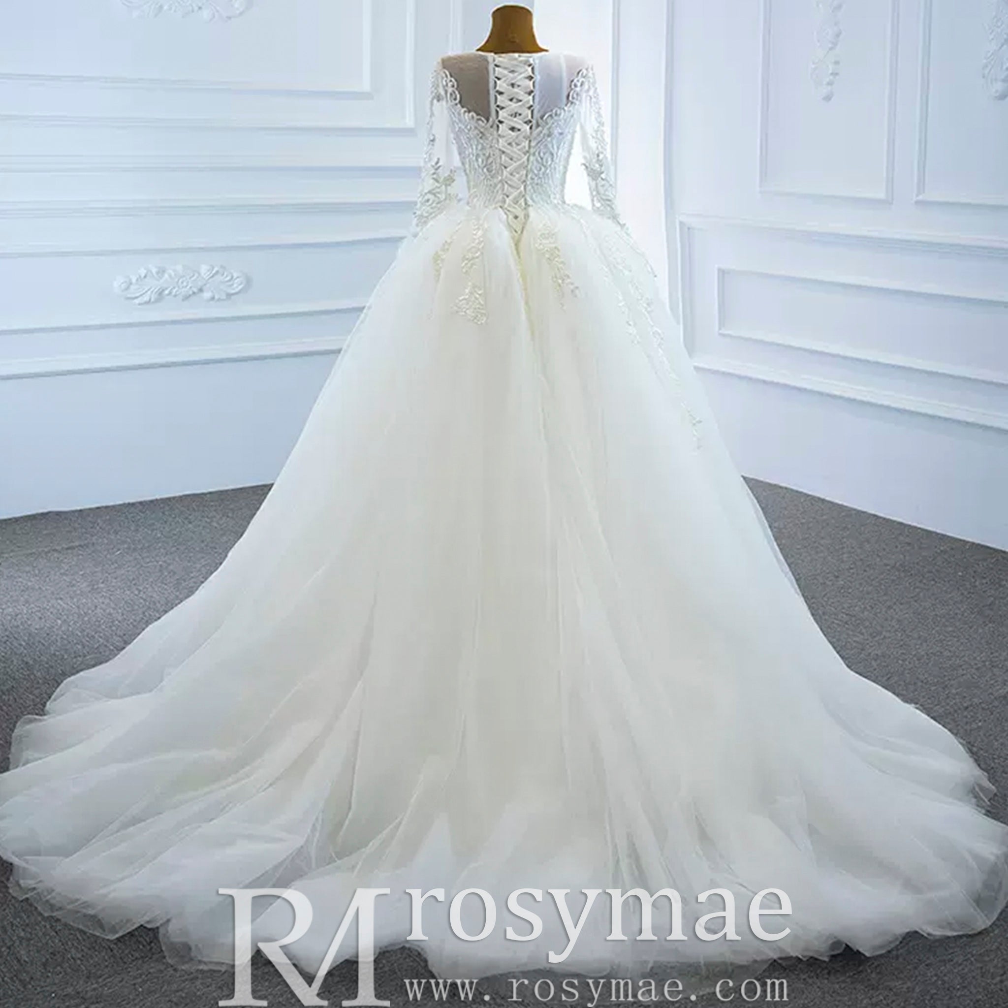 Long Sleeve Lace Mermaid Wedding Gown with Detachable Skirt - Rosymae