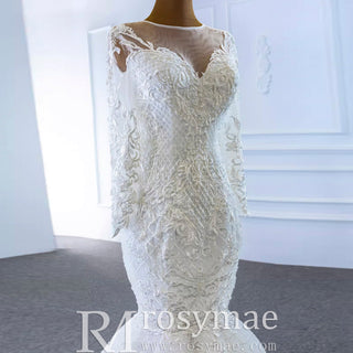 Long Sleeve Lace Mermaid Wedding Gown with Detachable Skirt - Rosymae