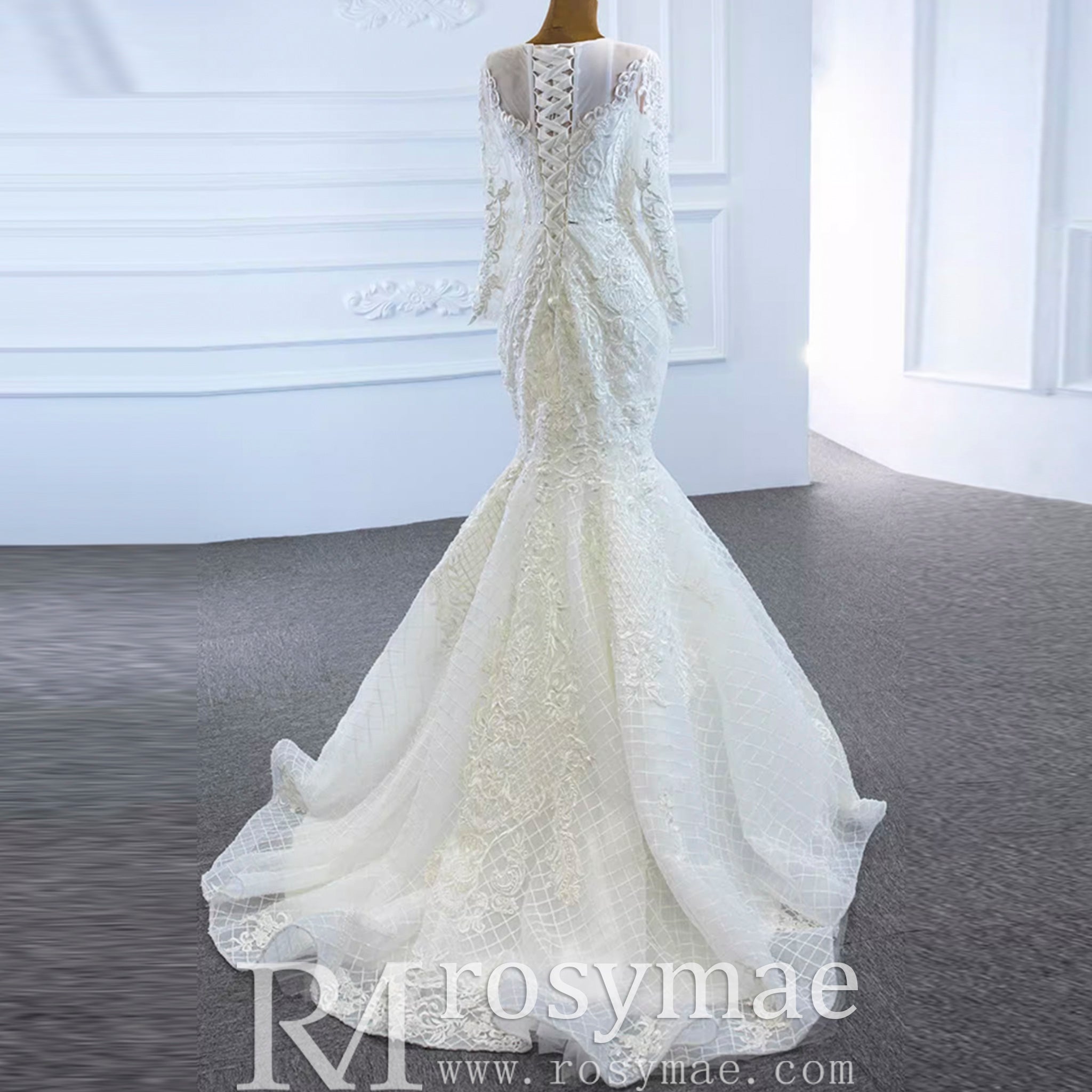 Long Sleeve Lace Mermaid Wedding Gown with Detachable Skirt - Rosymae