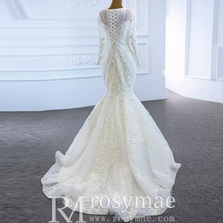 Long Sleeve Lace Mermaid Wedding Gown with Detachable Skirt - Rosymae
