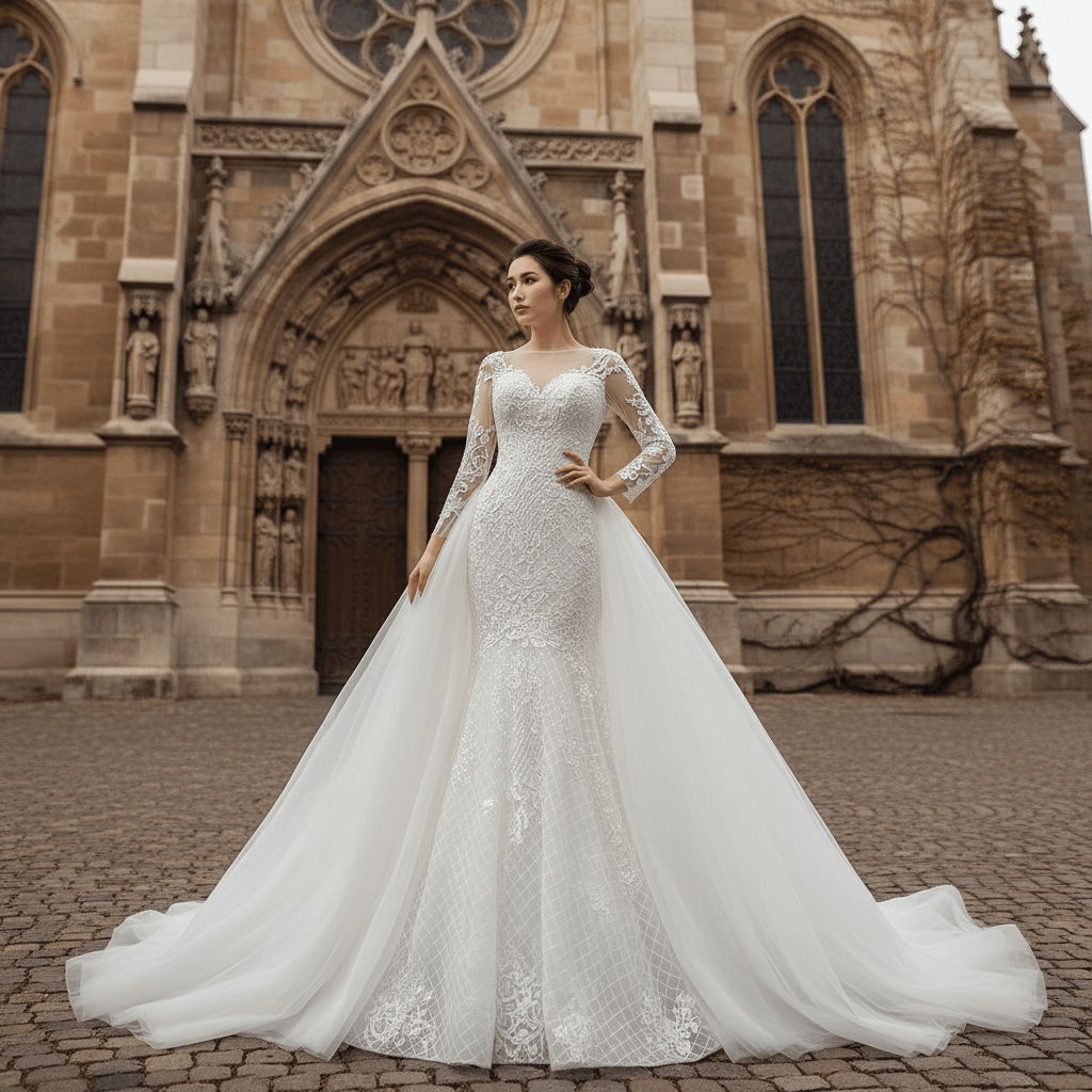 Long Sleeve Lace Mermaid Wedding Gown with Detachable Skirt - Rosymae