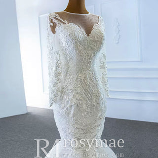 Long Sleeve Lace Mermaid Wedding Gown with Detachable Skirt - Rosymae