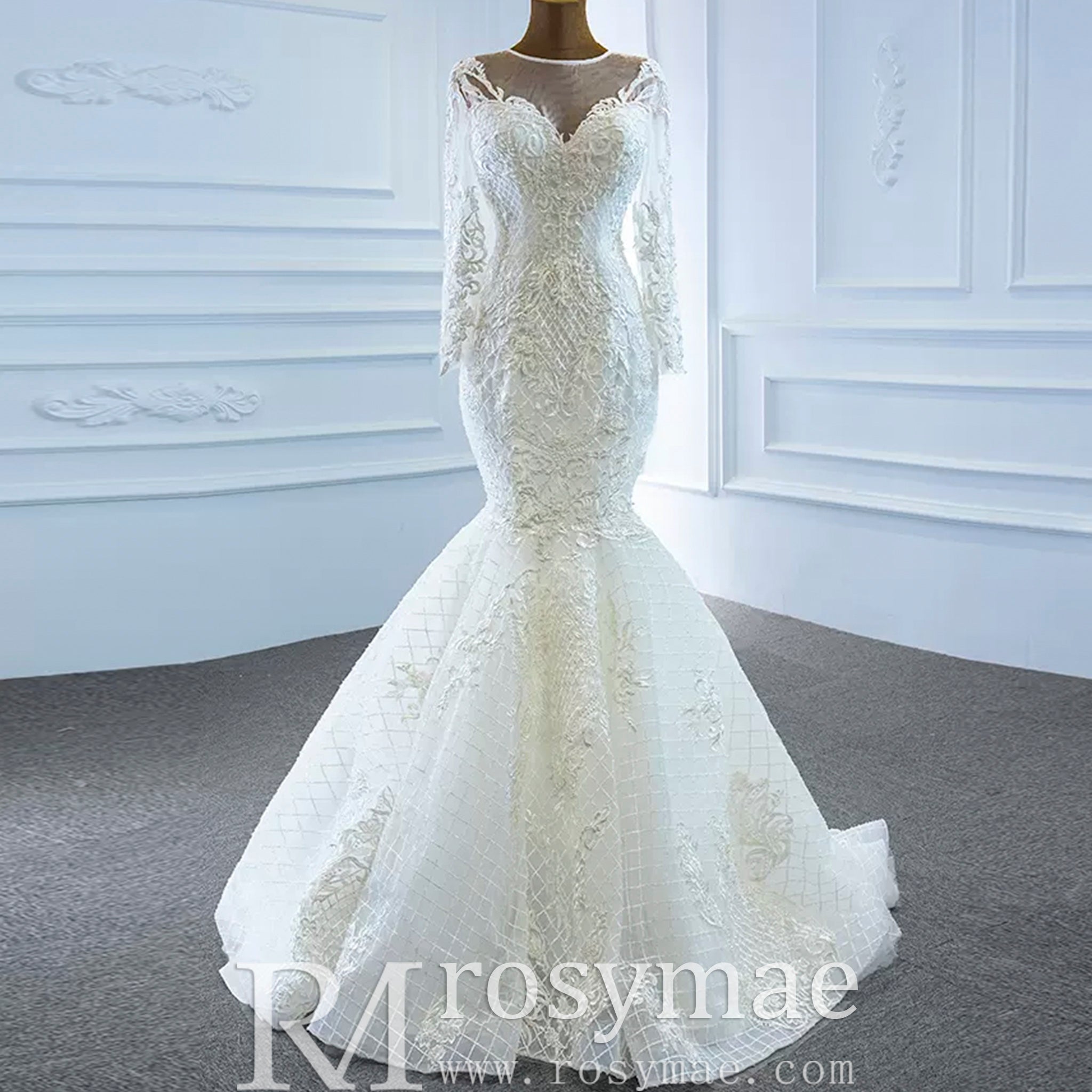 Long Sleeve Lace Mermaid Wedding Gown with Detachable Skirt - Rosymae