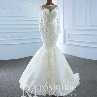 Long Sleeve Lace Mermaid Wedding Gown with Detachable Skirt - Rosymae