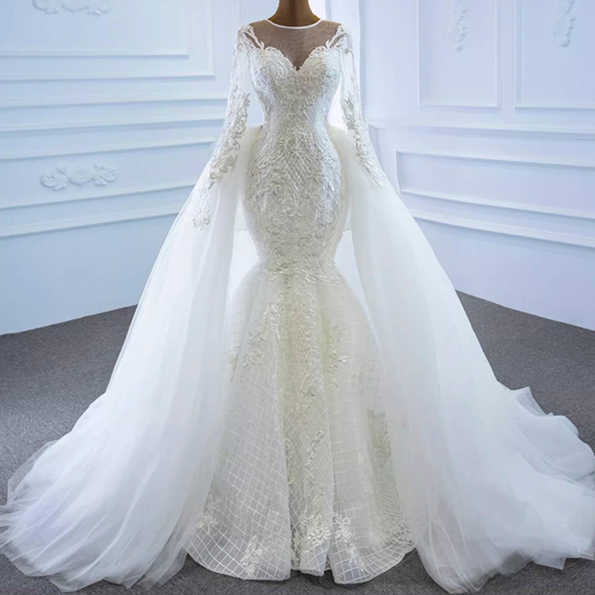 Long Sleeve Lace Mermaid Wedding Gown with Detachable Skirt - Rosymae