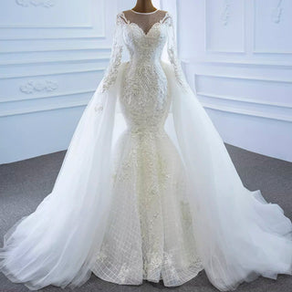 Long Sleeve Lace Mermaid Wedding Gown with Detachable Skirt - Rosymae